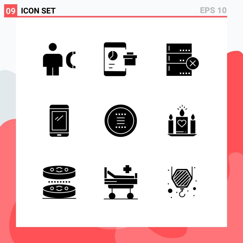 pacote de 9 glifos sólidos criativos de dispositivos de telefone inteligente seo móvel iphone elementos de design vetorial editáveis vetor