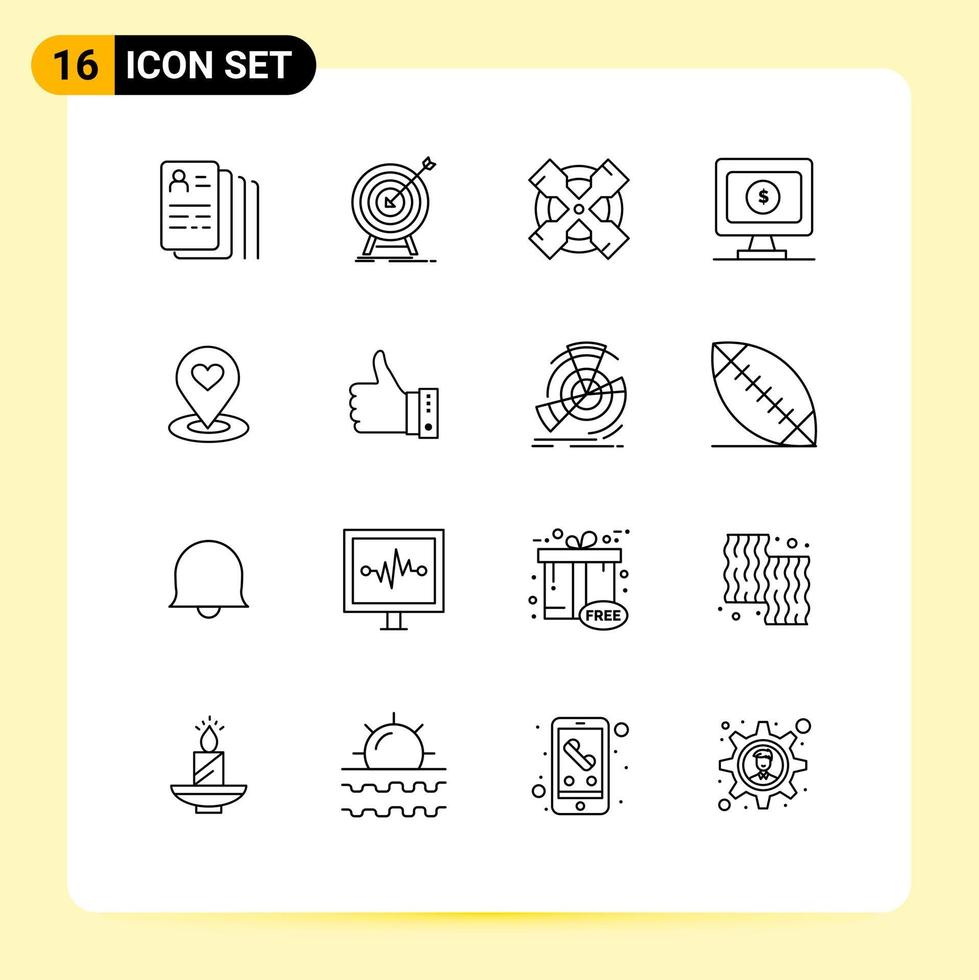 grupo de símbolos de ícone universal de 16 contornos modernos de localizador de localização, alvo de localização, monitor on-line, elementos de design de vetores editáveis