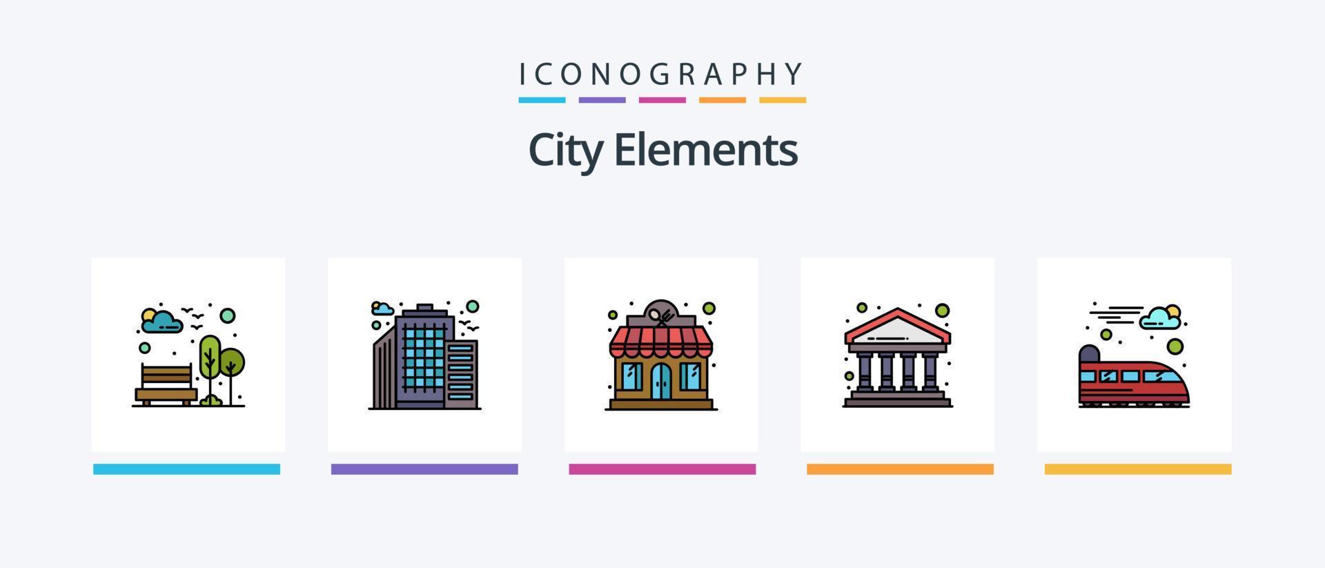 linha de elementos da cidade cheia de 5 ícones, incluindo casa. prédio. jardim. escritório. prédio. design de ícones criativos vetor