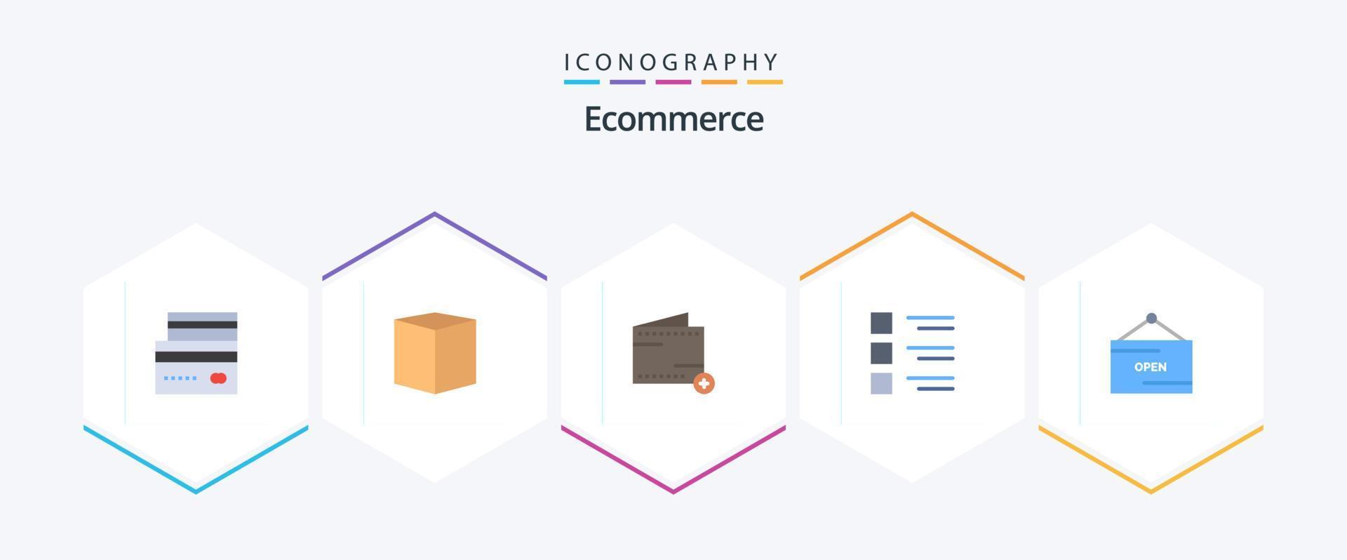 pacote de ícones planos de comércio eletrônico 25, incluindo exibição. lista. e. detalhes. carteira vetor