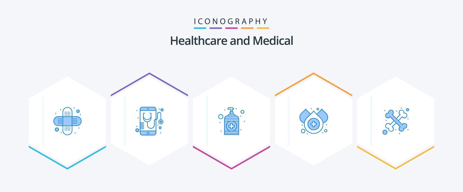 pacote médico de 25 ícones azuis, incluindo esqueleto. ossos. mão. água. sangue vetor