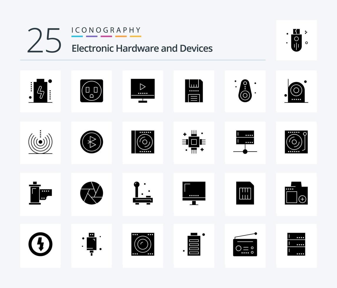 dispositivos 25 pacote de ícones de glifos sólidos, incluindo dispositivos. produtos. tecnologia. mole. disco vetor