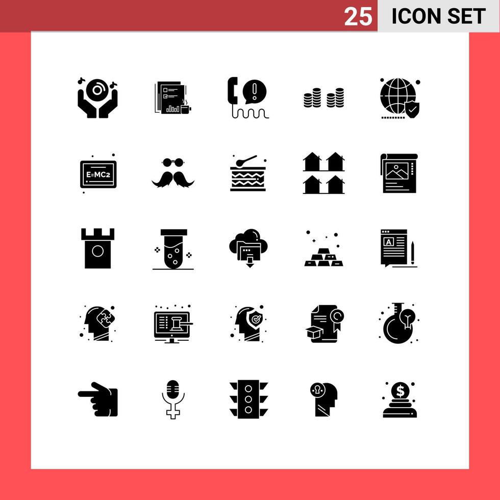 pacote de interface do usuário de 25 glifos sólidos básicos de centro de notícias de comunicação em dinheiro chamar elementos de design de vetores editáveis