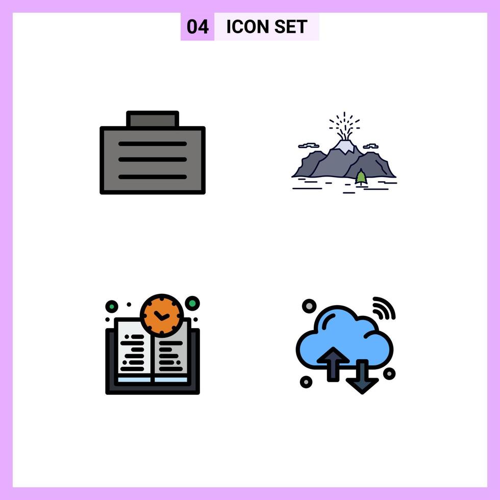 conjunto de cores planas de linha preenchida de interface móvel de 4 pictogramas de tempo de educação de caso natureza montanha nuvem elementos de design de vetores editáveis
