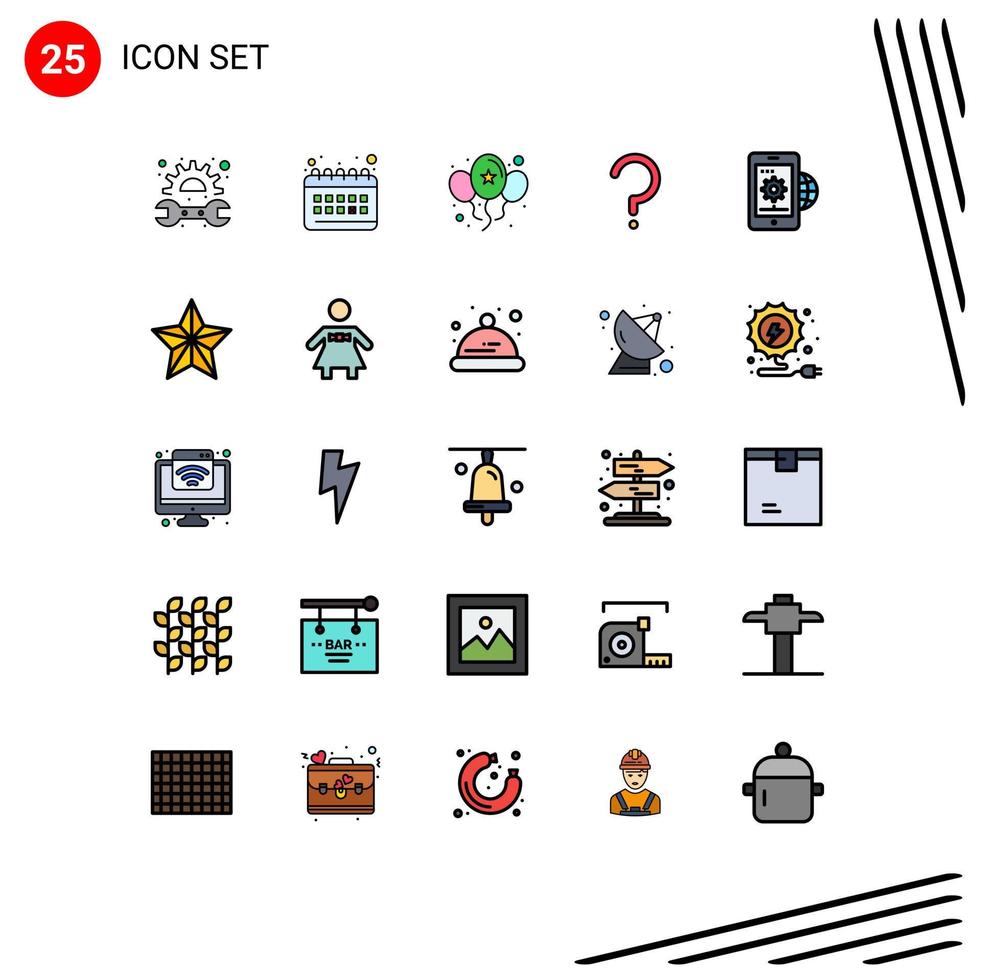 pacote de interface do usuário de 25 cores planas de linha preenchida básica de balões de marca de engrenagem ponto de interrogação ajuda elementos de design de vetores editáveis