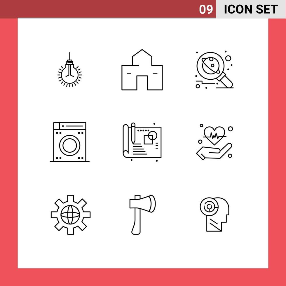 grupo de 9 sinais e símbolos de contornos para elementos de design de vetores editáveis de pesquisa de espaço de cabana de banho