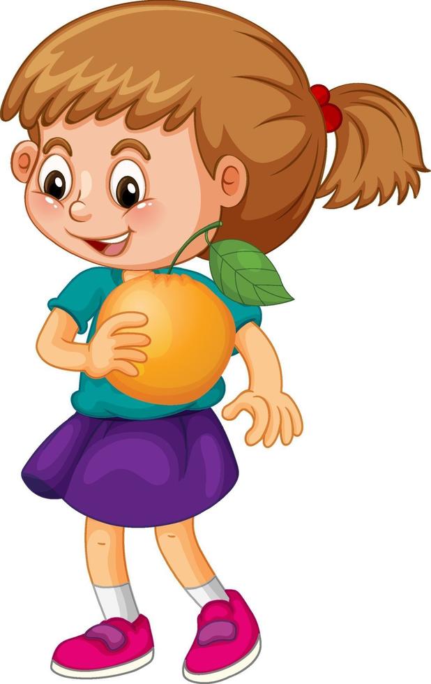 uma garota segurando um personagem de desenho animado de fruta laranja isolado no fundo branco vetor