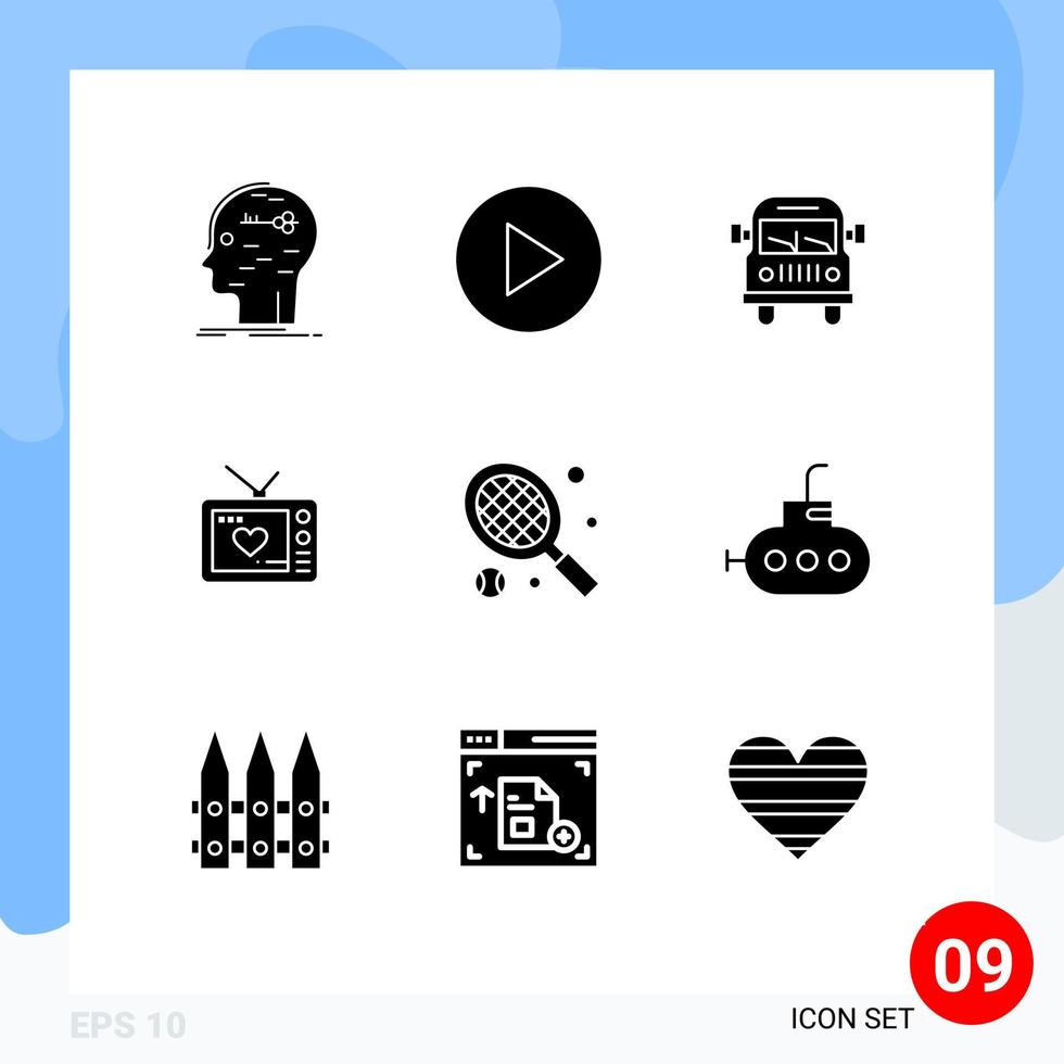 grupo de símbolos de ícone universal de 9 glifos sólidos modernos de raquete de tênis van filme amo elementos de design vetorial editável vetor