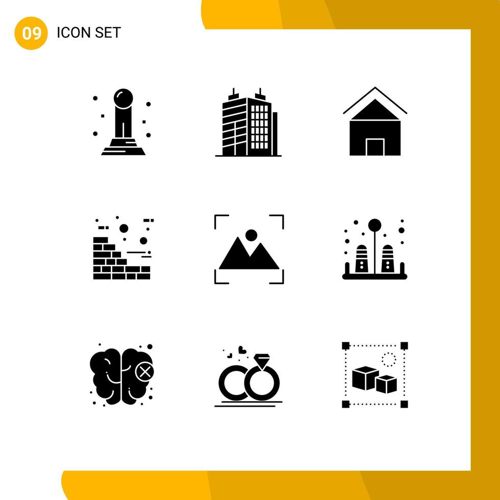 conjunto de glifos sólidos de interface móvel de 9 pictogramas de foco fotográfico construção de cultura doméstica elementos de design vetorial editáveis vetor