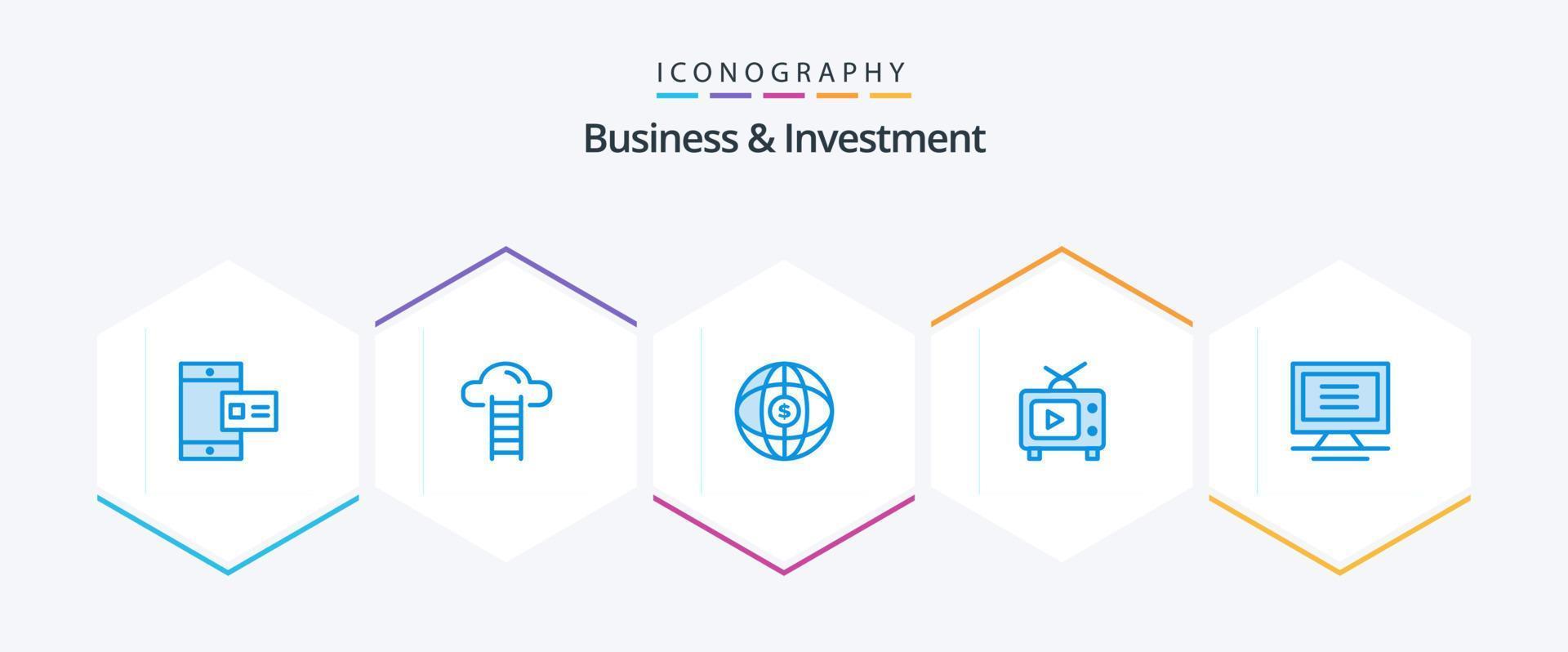 negócios e investimentos 25 pacote de ícones azul, incluindo computador. vídeo. mundo. jogar. televisão vetor
