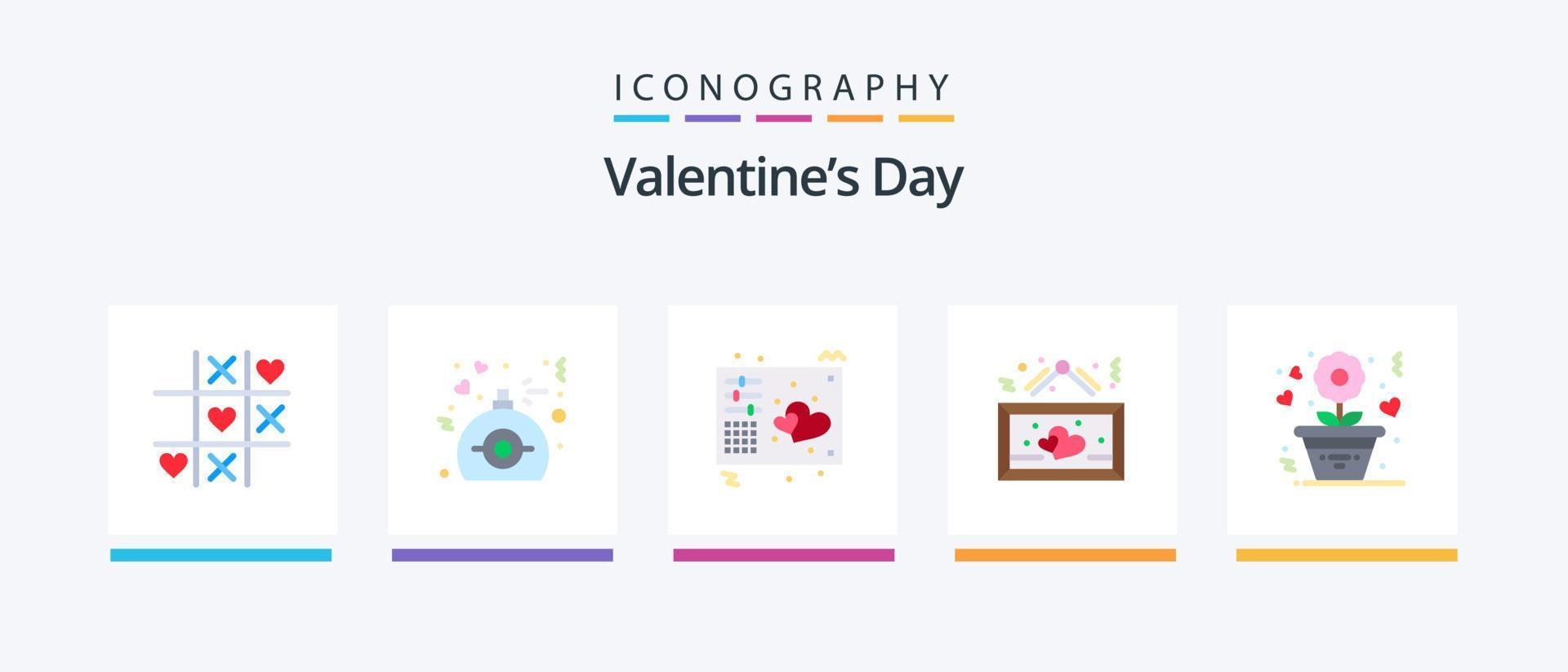Dia dos Namorados Flat 5 Icon Pack, incluindo romântico. coração. amor. pendurado. música. design de ícones criativos vetor