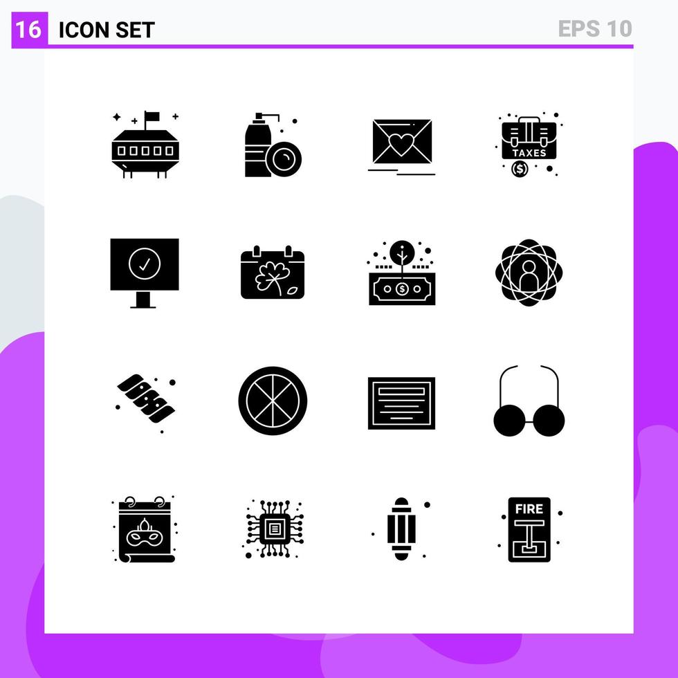 Pacote de glifos sólidos de 16 interfaces de usuário de sinais e símbolos modernos de elementos de design de vetores editáveis de maleta de amor de caixa de computador