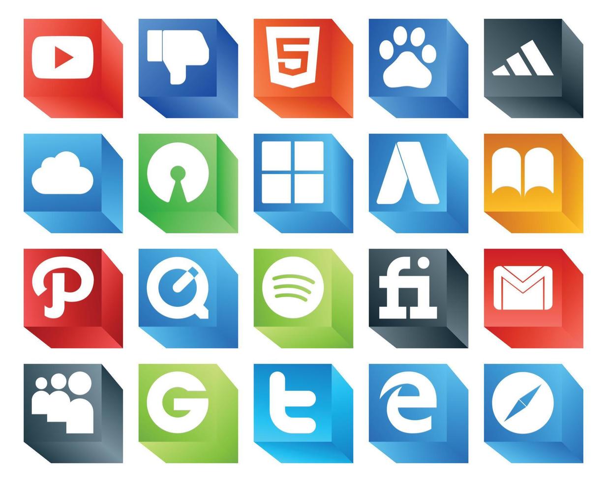 20 pacotes de ícones de mídia social, incluindo email gmail microsoft fiverr quicktime vetor
