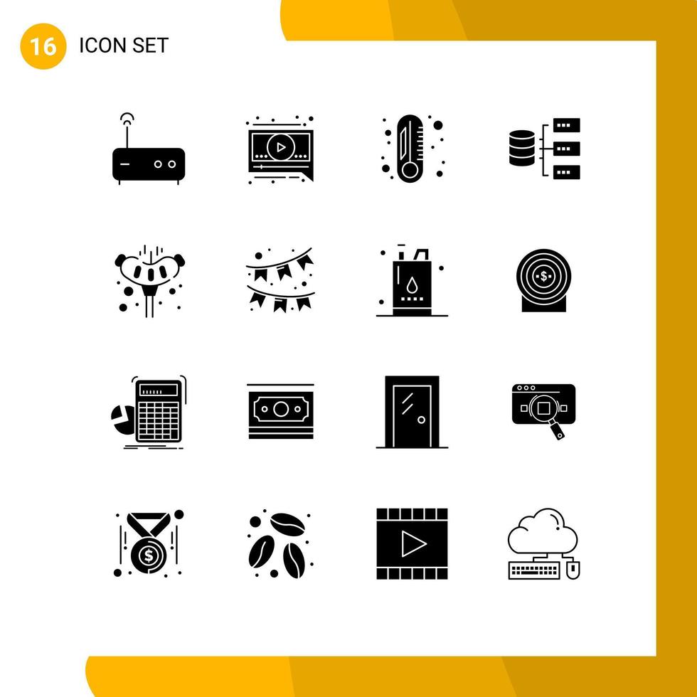 pacote de interface do usuário de 16 glifos sólidos básicos de celebração termômetro de salsicha armazenamento de carne de porco elementos de design de vetores editáveis