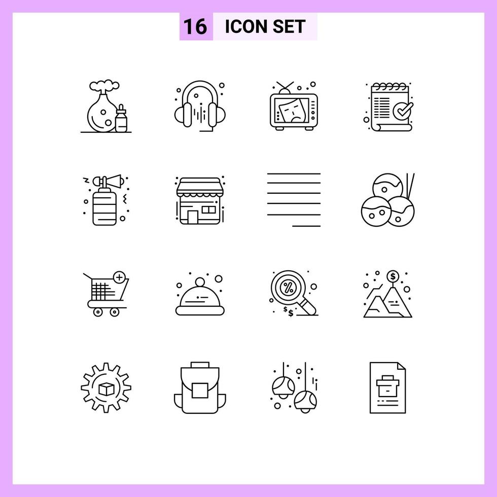 conjunto de pictogramas de 16 contornos simples de lista de máscara de marca de chifre, verifique elementos de design de vetores editáveis
