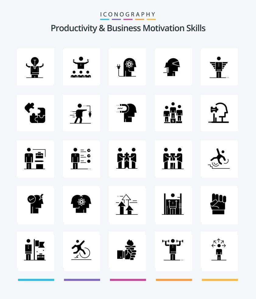 produtividade criativa e habilidades de motivação de negócios 25 pacotes de ícones preto sólido glifo, como líder. negócios. mentoria. mente. impulsionando vetor
