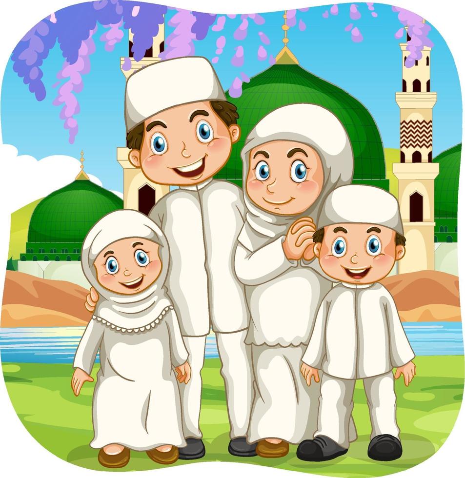 cena ao ar livre com personagem de desenho animado de uma família muçulmana vetor