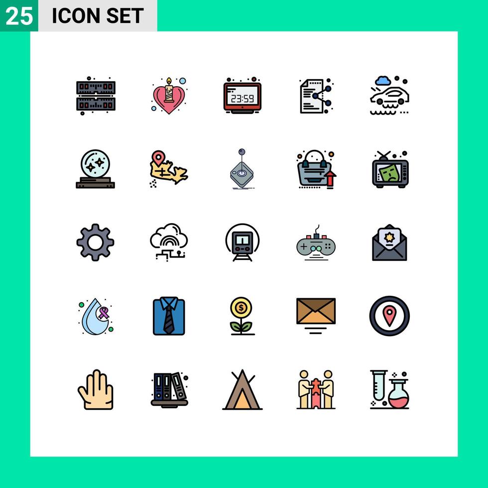 conjunto moderno de pictograma de cores planas de 25 linhas preenchidas de documento de computador de aplicativo de condição de mau tempo compartilha elementos de design de vetores editáveis