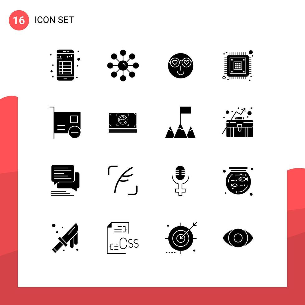 Pacote de glifos sólidos de 16 interfaces de usuário de sinais e símbolos modernos de pele de chip de dispositivo que o usuário adora elementos de design de vetores editáveis