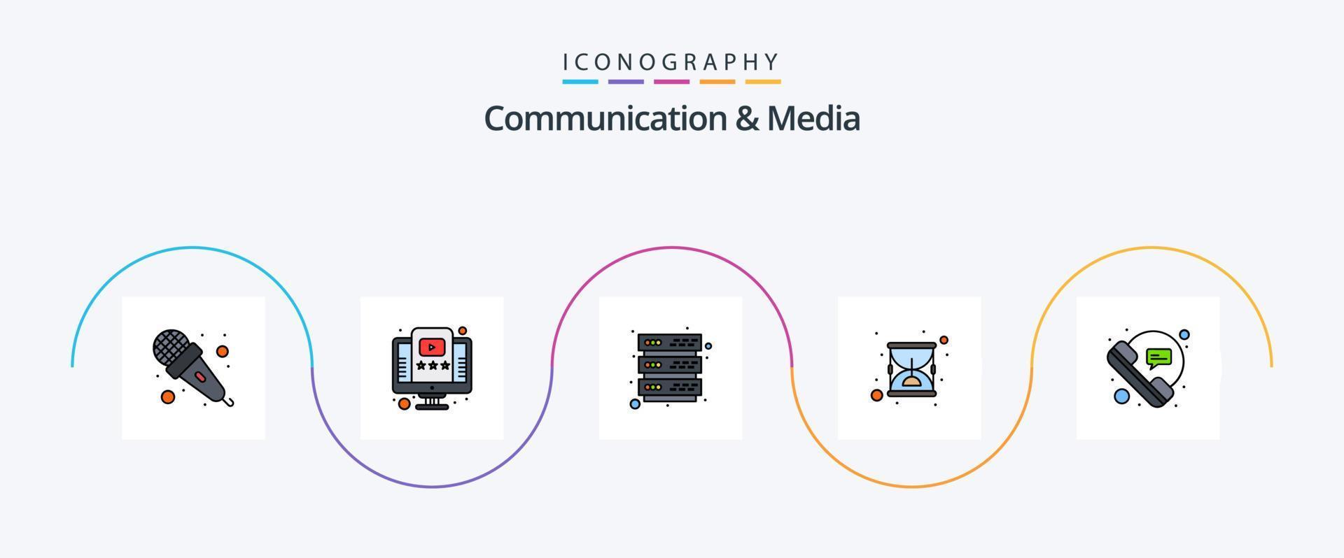 linha de comunicação e mídia preenchida com 5 ícones planos, incluindo comunicações. bolha. base de dados. ampulheta. hora vetor