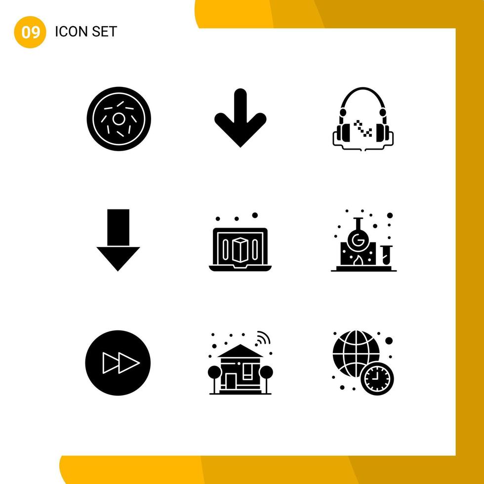 9 interface de usuário pacote de glifos sólidos de sinais e símbolos modernos de direção de música de laptop de química para baixo elementos de design de vetores editáveis