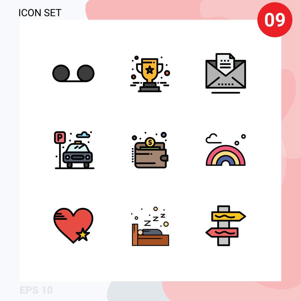 conjunto de 9 sinais de símbolos de ícones de interface do usuário modernos para pagamento em dinheiro, estacionamento, vida, elementos de design de vetores editáveis