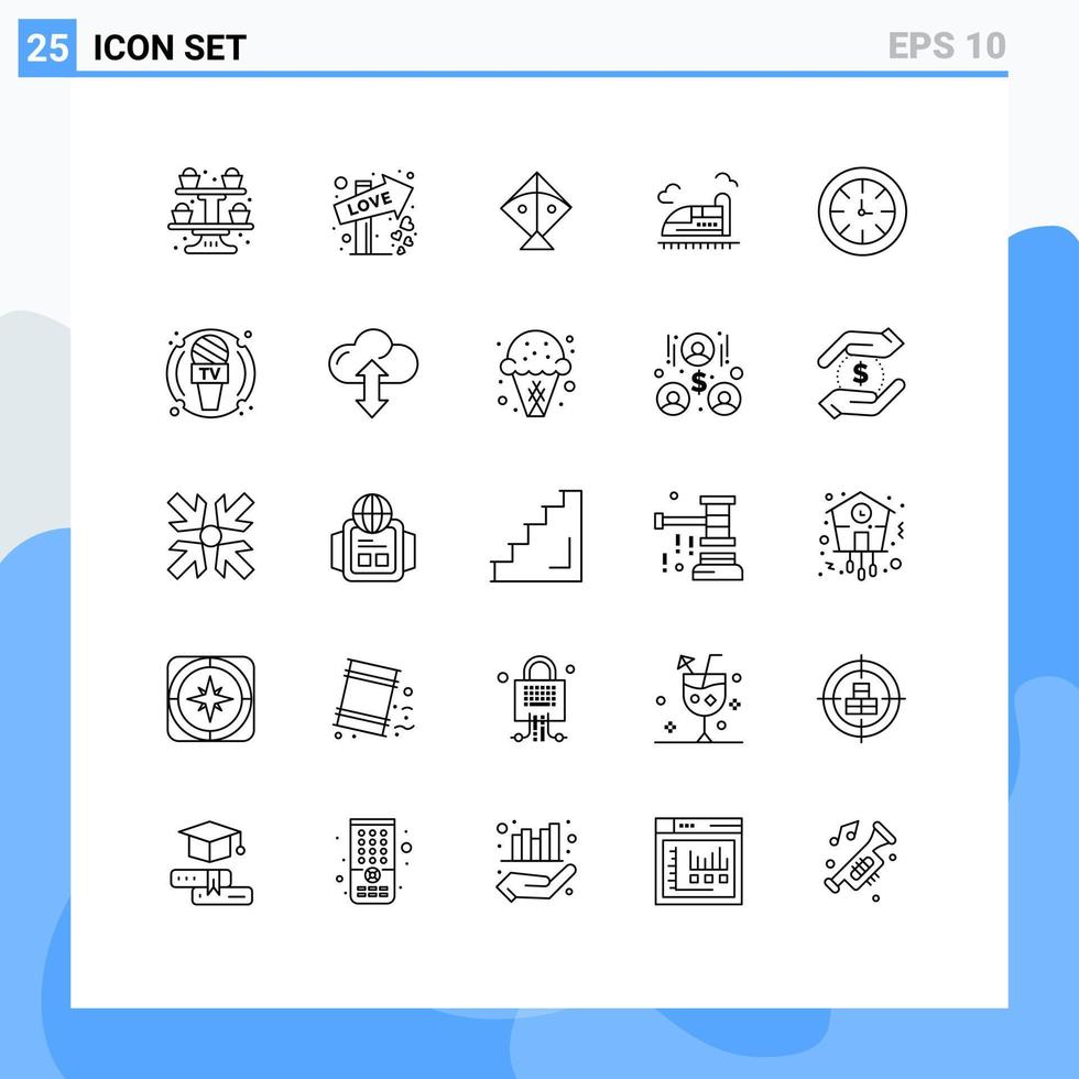 Pacote de linha de interface de usuário 25 de sinais e símbolos modernos de relógio relógio kite speed train elementos de design de vetores editáveis