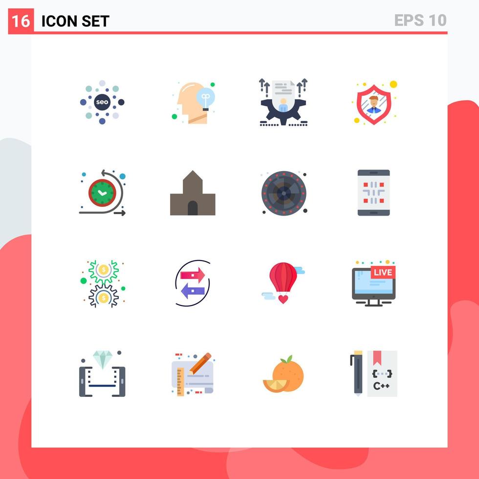 conjunto de cores planas de interface móvel de 16 pictogramas de configuração de funcionário de mente de segurança de tempo de ciclo pacote editável de elementos de design de vetores criativos