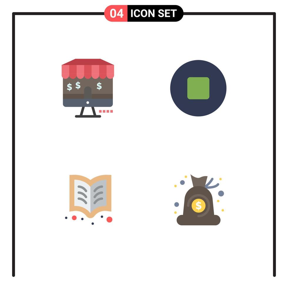 4 pacote de ícones planos de interface de usuário de sinais e símbolos modernos de bolsa on-line, livro multimídia, dinheiro, elementos de design vetorial editáveis vetor