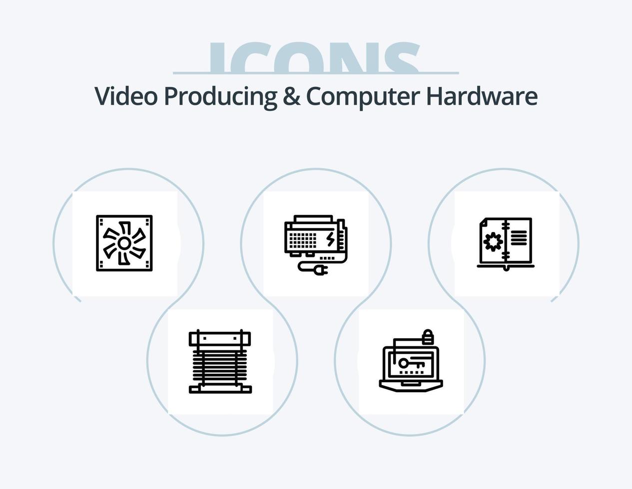 produção de vídeo e design de ícones de linha de hardware de computador pack 5. poder. computador. fonte. ac. mãe vetor