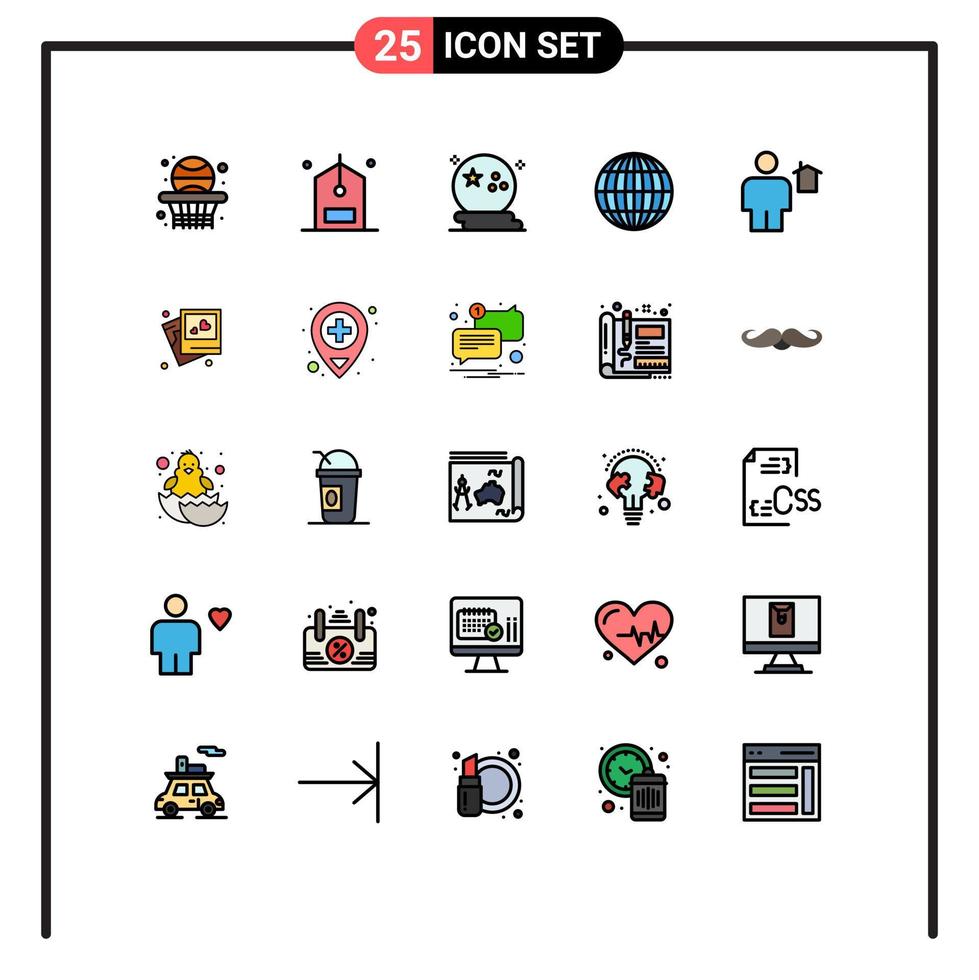 conjunto de cores planas de linha preenchida de interface móvel de 25 pictogramas de globo de avatar e elementos de design de vetores editáveis de noite global
