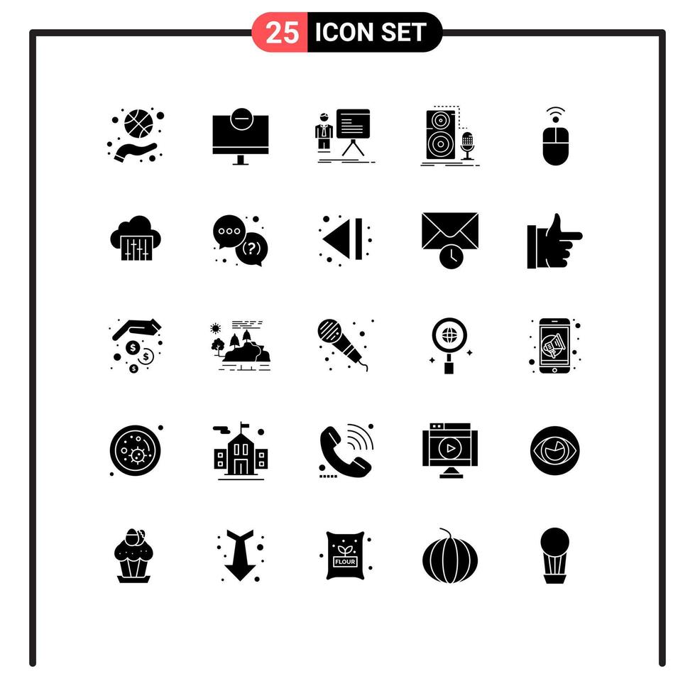 pacote de 25 glifos sólidos criativos de gráficos de progresso de hardware ao vivo do microfone elementos de design de vetores editáveis