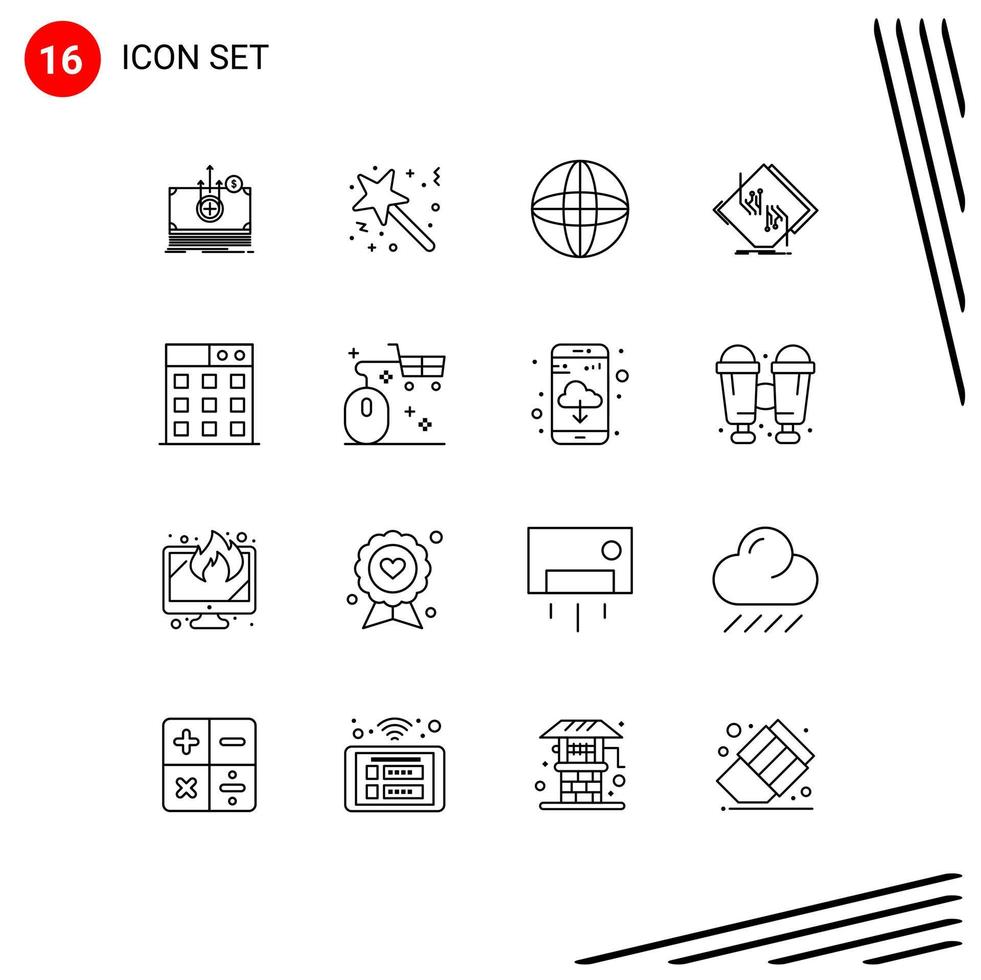 grupo de símbolos de ícone universal de 16 contornos modernos de elementos de design de vetores editáveis de placa de circuito de prêmio de rede de negócios
