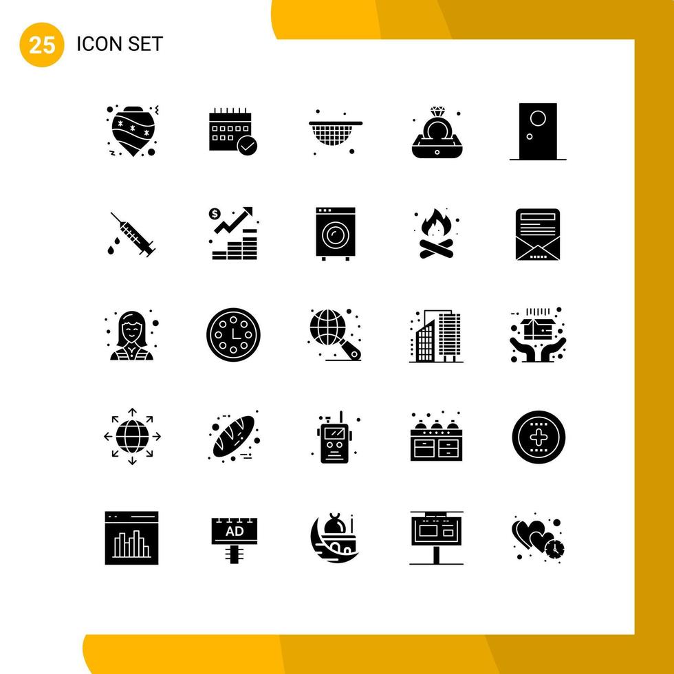 conjunto moderno de pictograma de 25 glifos sólidos de anel de diamante calendário coador de comida elementos de design de vetores editáveis