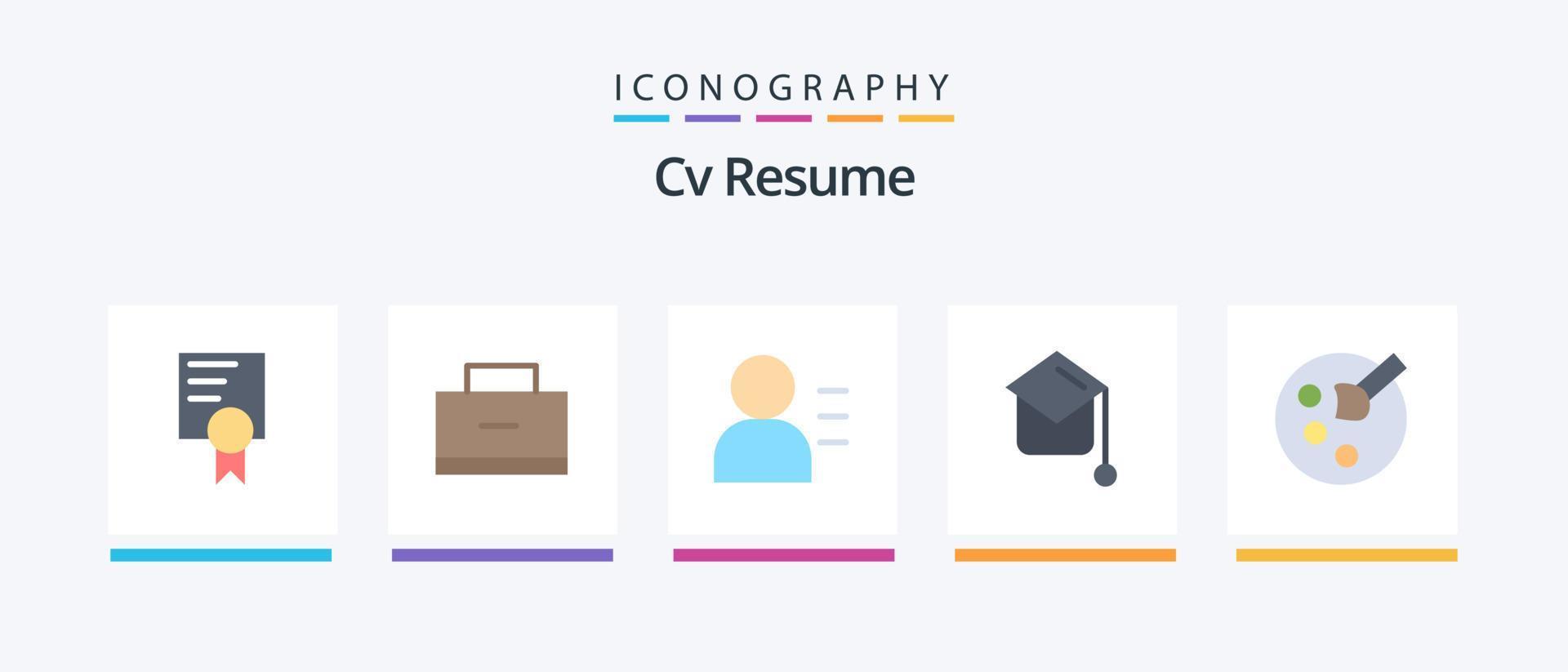 cv resume flat 5 icon pack incluindo . Educação. pessoa. desenho. chapéu da graduação. design de ícones criativos vetor