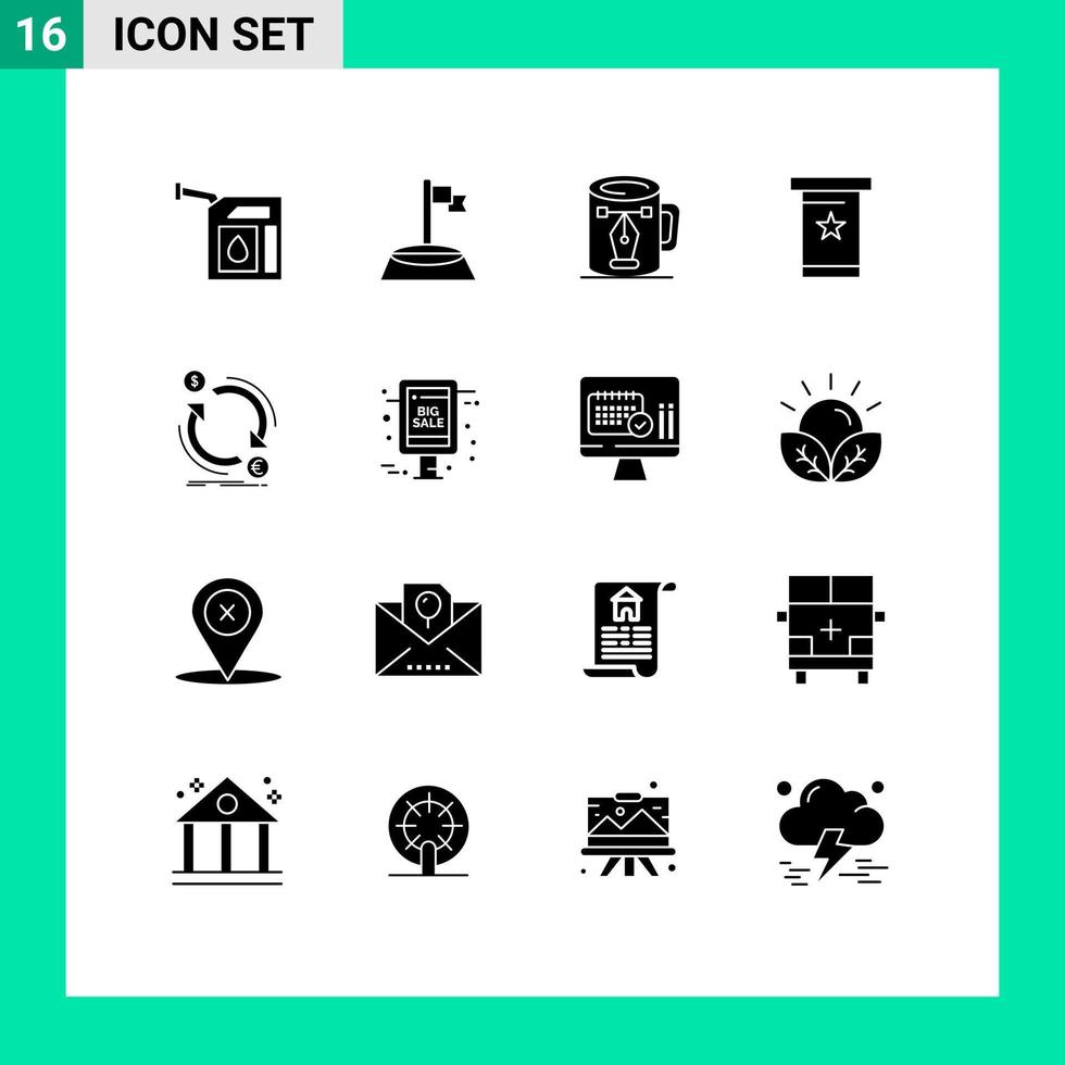 pacote de interface do usuário de 16 glifos sólidos básicos de pódio de troca nós podidos de café elementos de design vetorial editáveis vetor