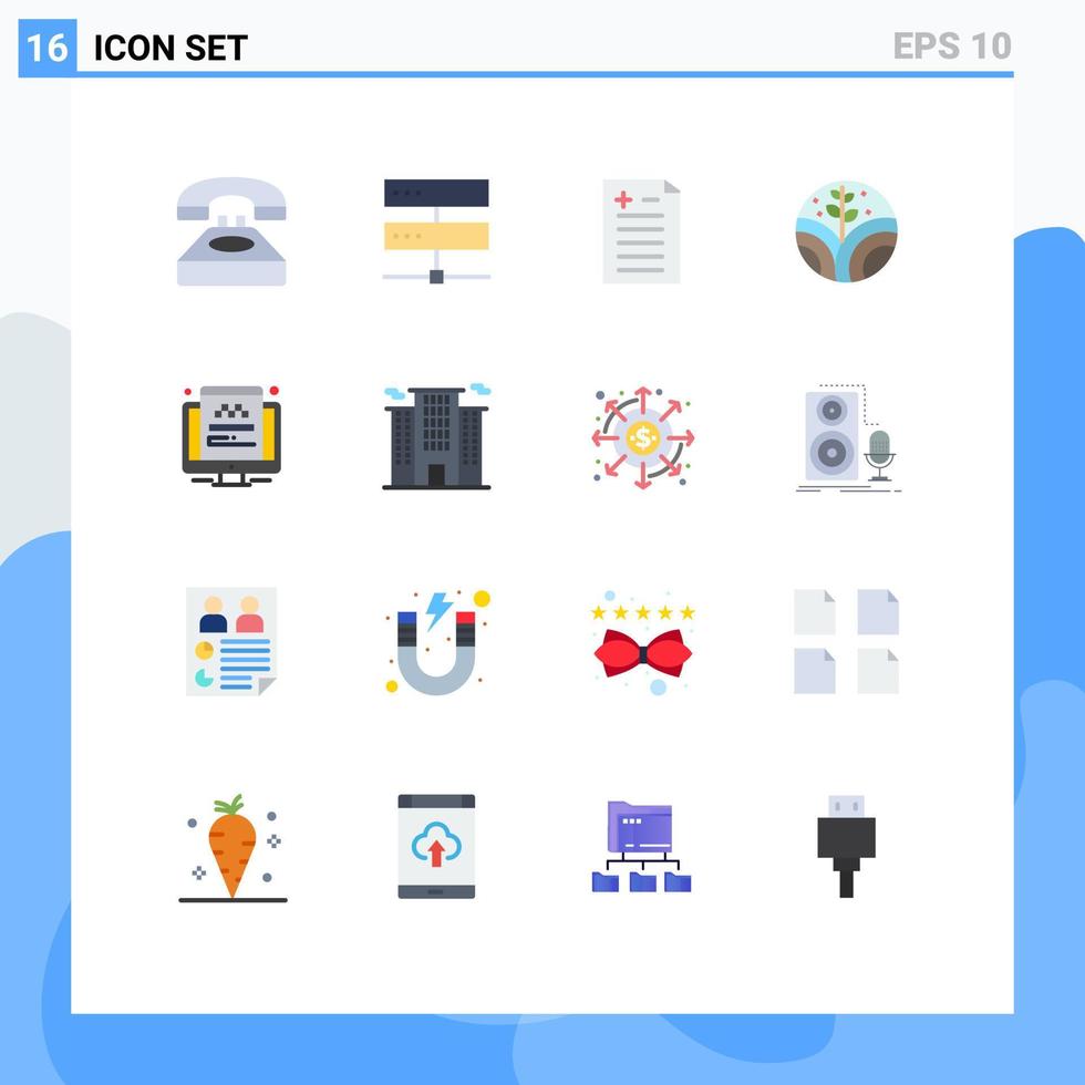 conjunto de cores planas de interface móvel de 16 pictogramas de fazenda itinerante hospedando teste de planta pacote editável de elementos de design de vetores criativos
