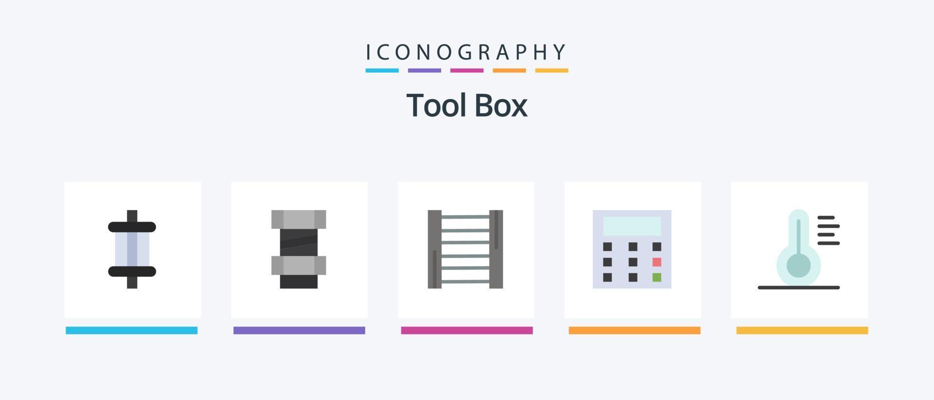 ferramentas flat 5 icon pack incluindo . ferramentas. escada. termômetro. matemática. design de ícones criativos vetor