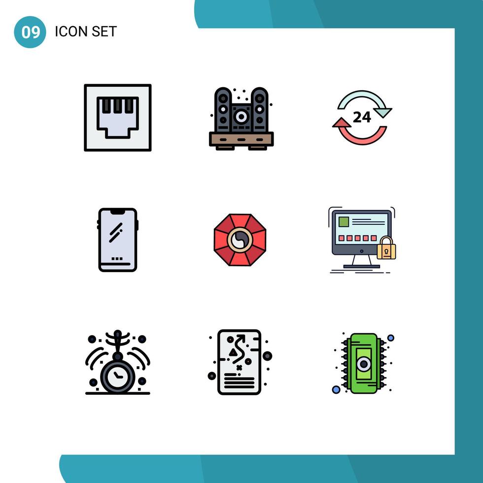 grupo de símbolos de ícone universal de 9 cores planas modernas de linhas preenchidas de iphone móvel hotel telefone inteligente parar elementos de design de vetores editáveis