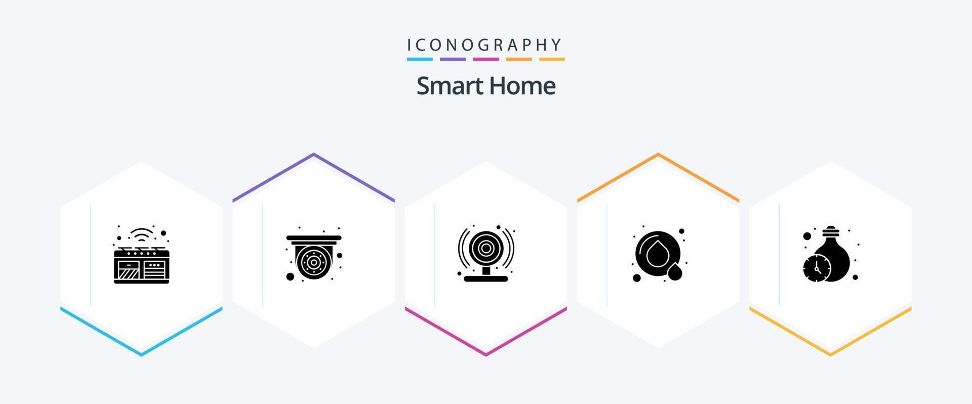 pacote de ícones de 25 glifos para casa inteligente, incluindo temporizadores. iluminação. cam. lar. economize água vetor