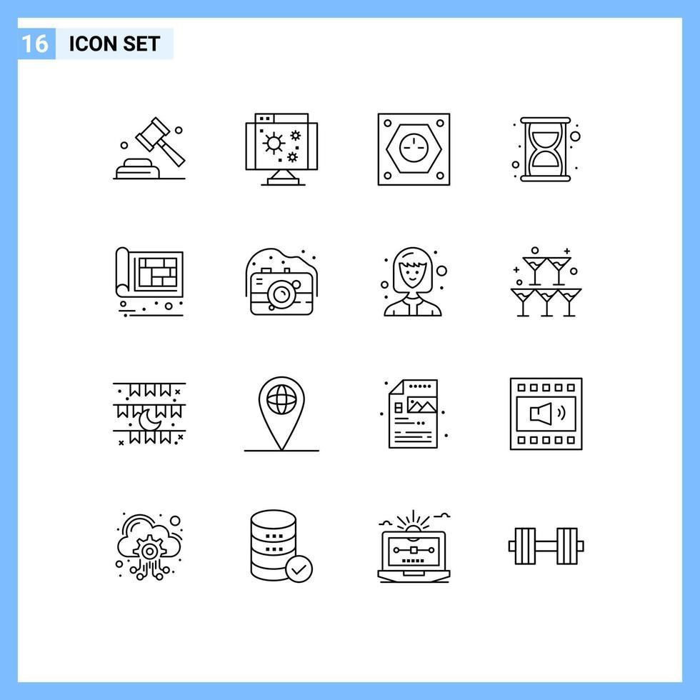 16 pacote de esboço de interface de usuário de sinais e símbolos modernos de elementos de design de vetores editáveis de soquete elétrico de tempo de construção