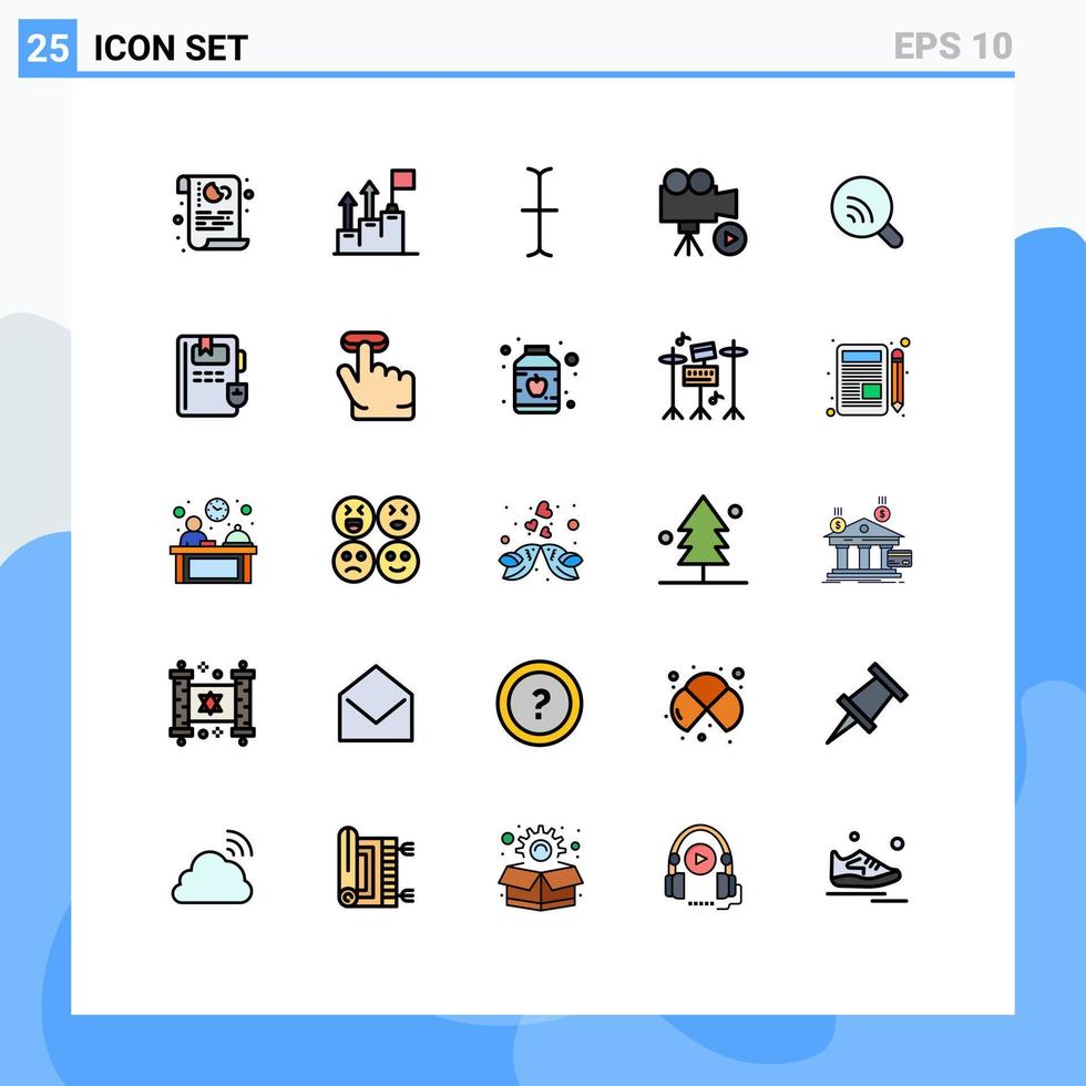 pacote de linha vetorial editável de 25 cores planas de linha preenchida simples de elementos de design vetorial editáveis da câmera de mídia de marketing de filme de pesquisa vetor
