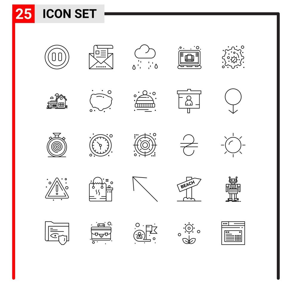 pacote de 25 sinais e símbolos de linhas modernas para mídia impressa na web, como caso de escritório de celular, laptop em nuvem, breve elementos de design de vetores editáveis
