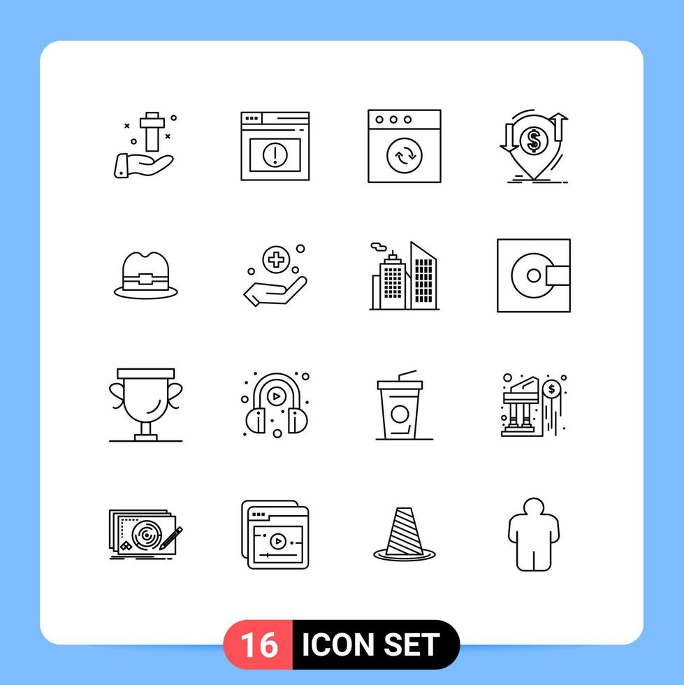 conjunto de pictogramas de 16 contornos simples de elementos de design de vetores editáveis de transação de dinheiro de site de finanças de chapéu