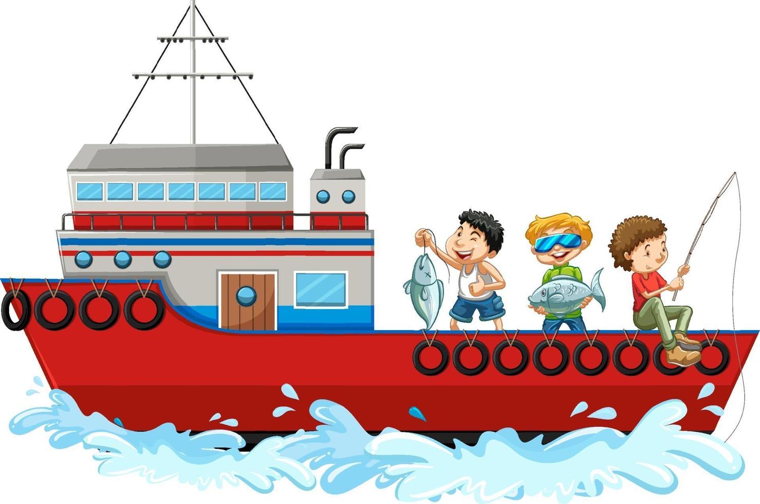 crianças pescando em um navio isolado no fundo branco vetor