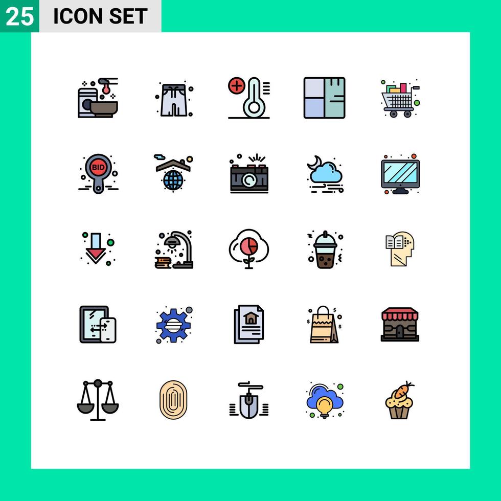 pacote de interface do usuário de 25 cores planas básicas de linhas preenchidas de elementos de design vetorial editáveis do mapa do clima da planta de compras vetor