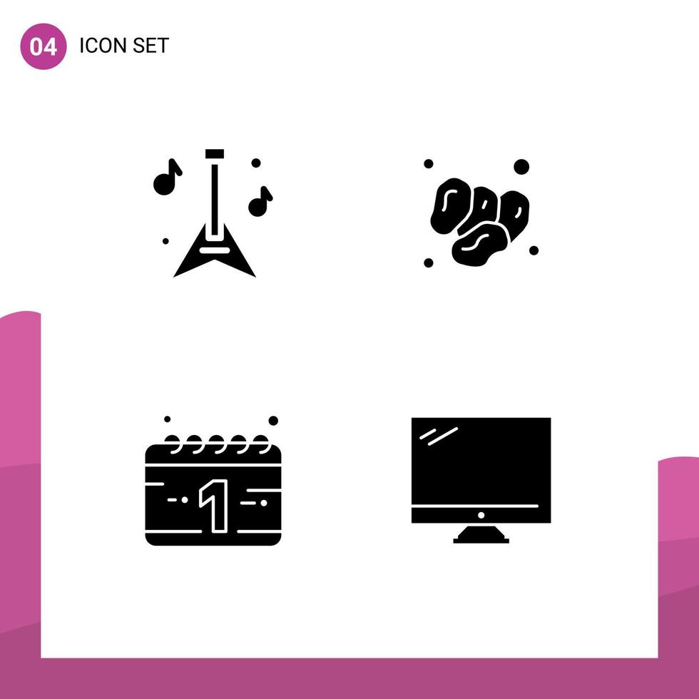 pacote de linha vetorial editável de 4 glifos sólidos simples de datas de férias de guitarra elementos de design vetorial editáveis de computador ramadã vetor