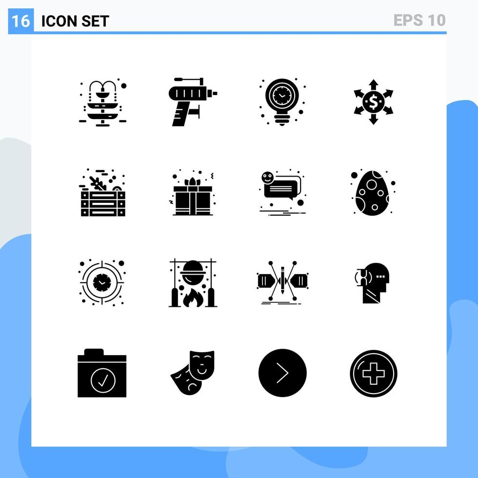 16 glifos sólidos universais definidos para aplicativos da web e móveis, vegetais, energia verde, seta, dólares, elementos de design vetorial editáveis vetor