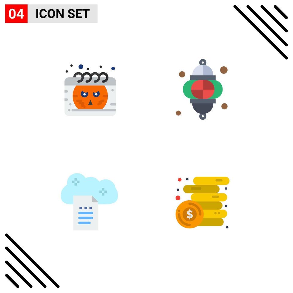 conjunto moderno de 4 ícones e símbolos planos, como relatórios de nuvens de calendário, smiley, armazenamento de arquivos do ramadã, elementos de design de vetores editáveis