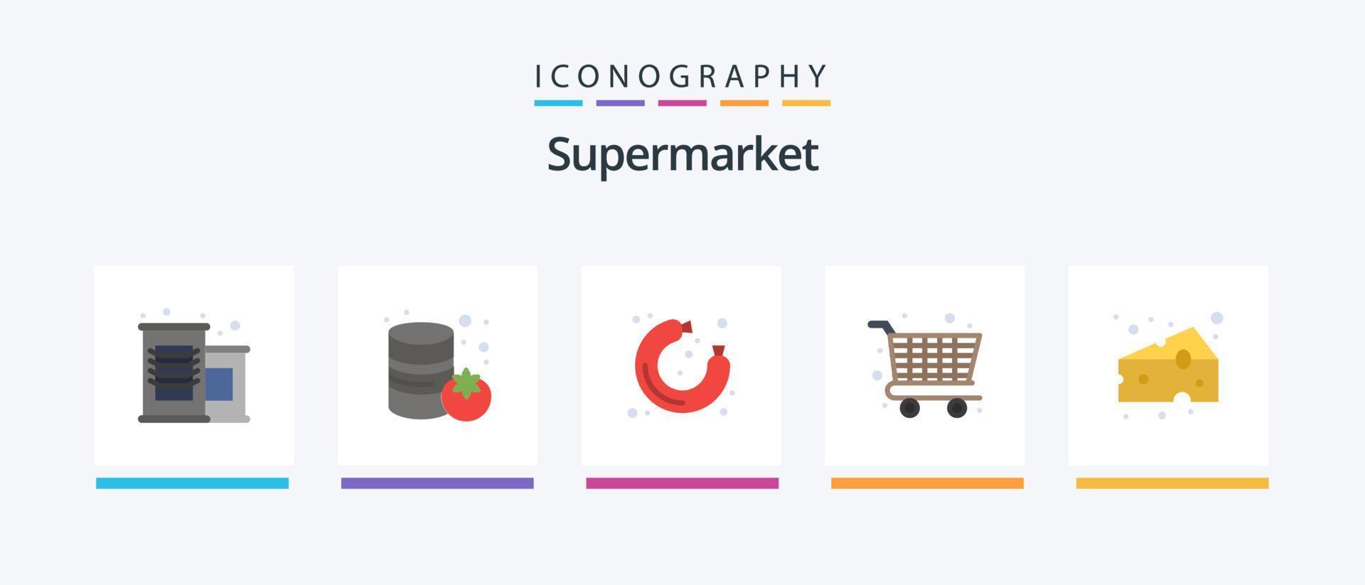 pacote de ícones de supermercado plano 5, incluindo . comida. loja. queijos. carrinho. design de ícones criativos vetor